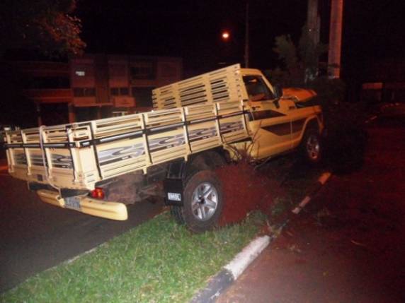 A caminhonete ficou grudada na árvore