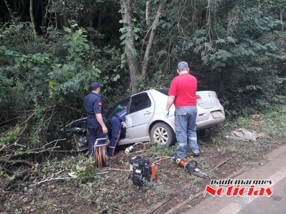 O veículo bateu com violência contra uma árvore na lateral da rodovia