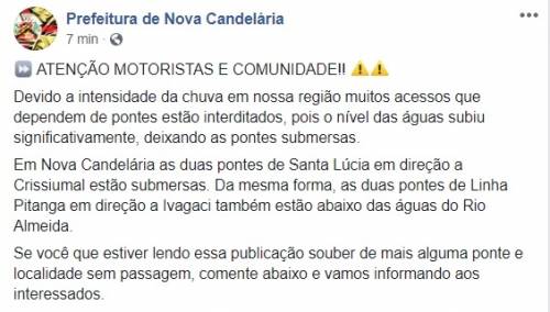 Acesso a Nova Candelária em Duas Pontes está interrompido