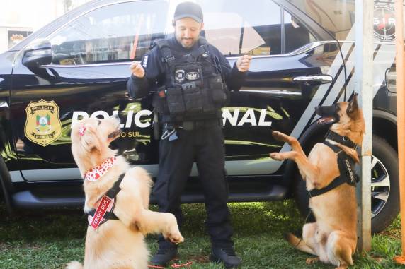 Apresentações com cães da Polícia Penal e ações interativas destacam o trabalho do canil da 3ª Região Penitenciária na Fenasoja 2026, unindo entretenimento e conscientização ao público visitante.
